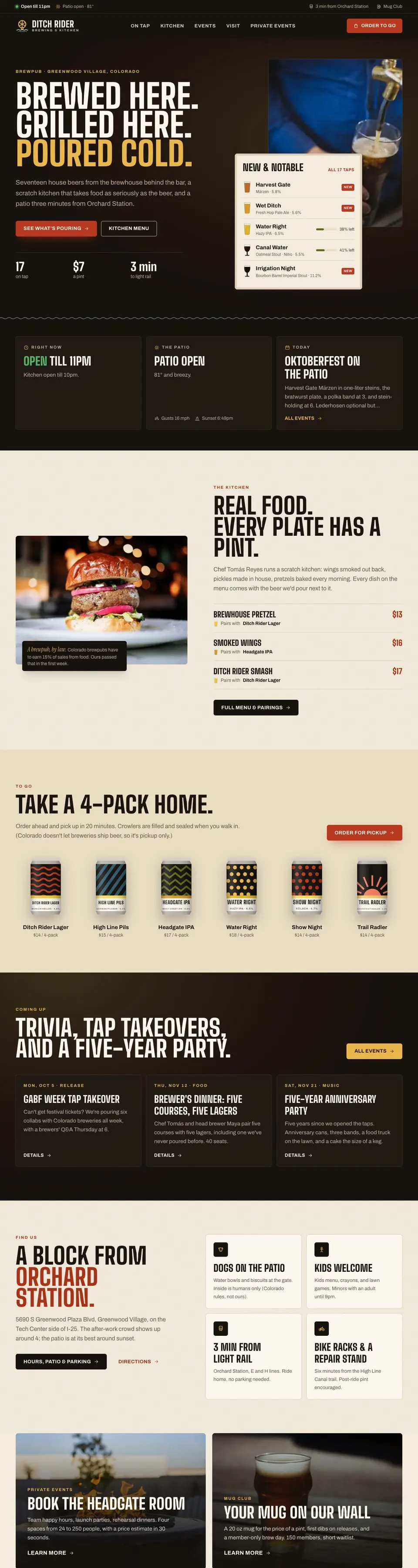 Full Ditch Rider Brewing & Kitchen home page on a laptop