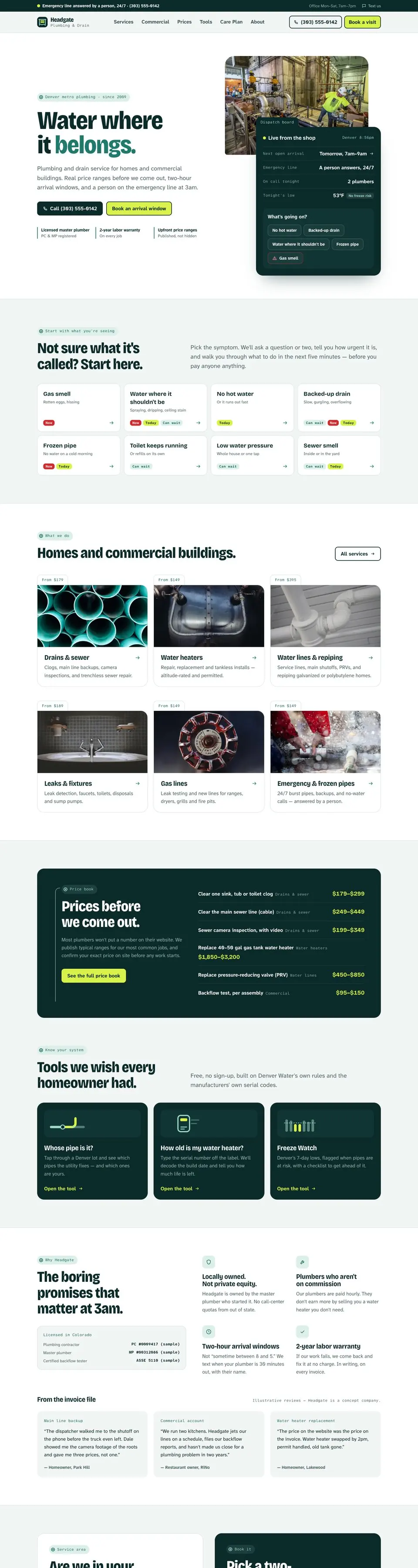 Full Headgate Plumbing & Drain home page on a laptop
