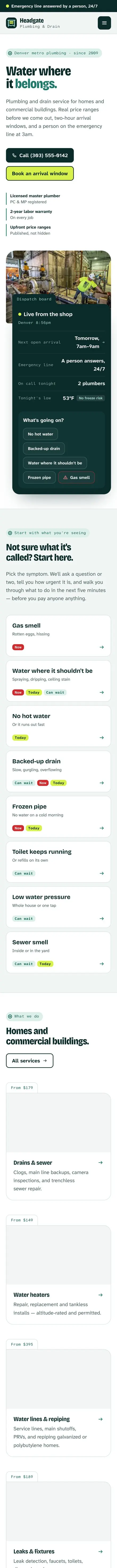 Full Headgate Plumbing & Drain home page on a phone