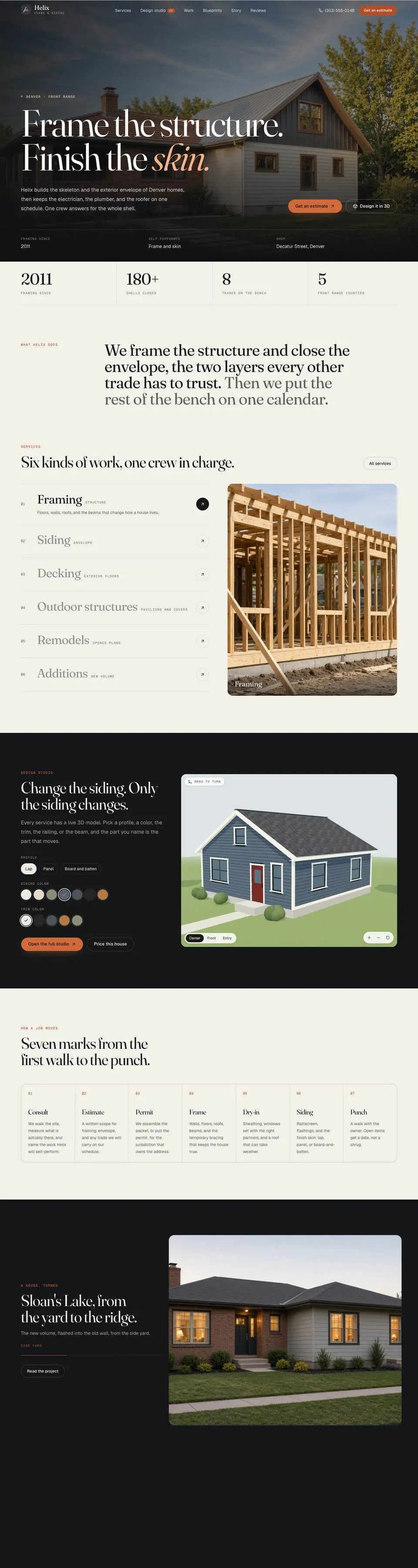 Full Helix Frame & Siding home page on a laptop