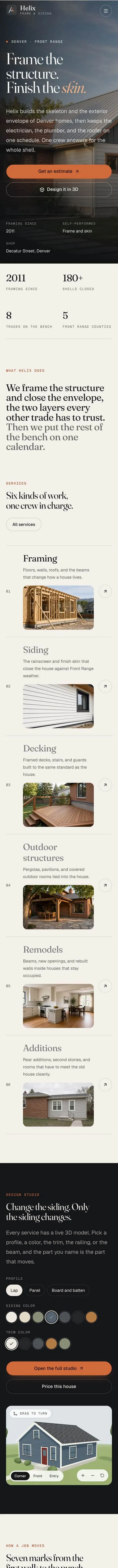 Full Helix Frame & Siding home page on a phone