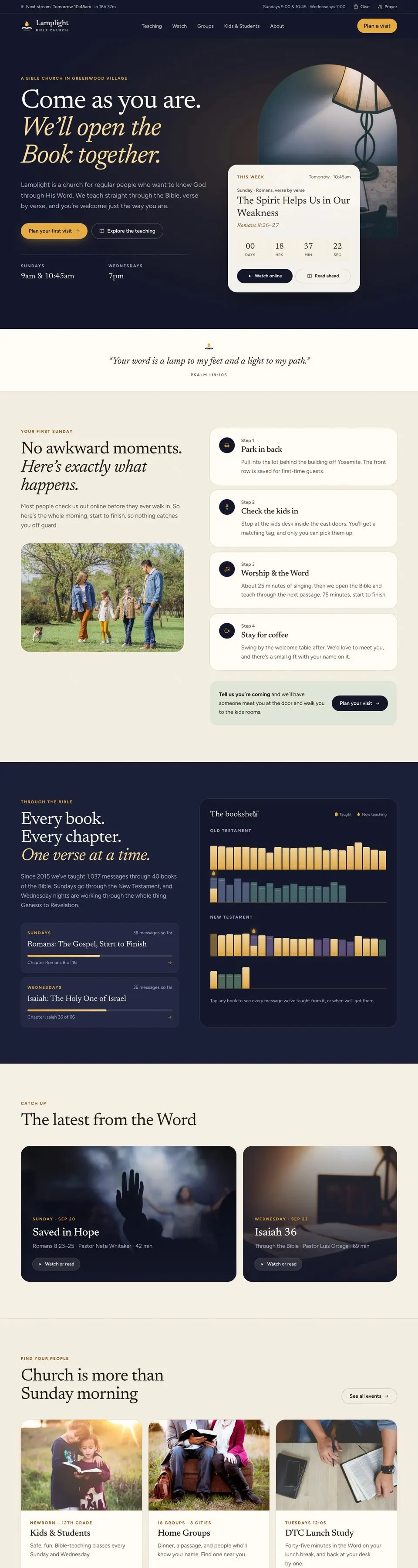 Full Lamplight Bible Church home page on a laptop